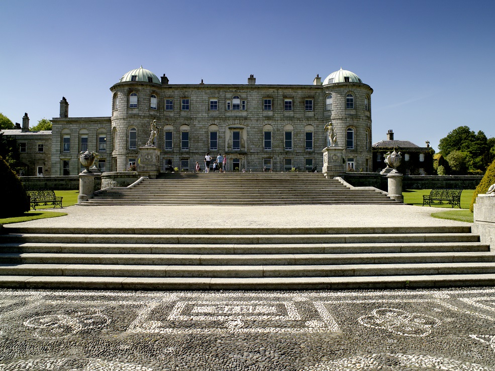 View of majestic steps leading up to Powerscourt House.