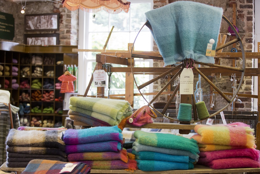 Display of various Avoca Handweaver products.