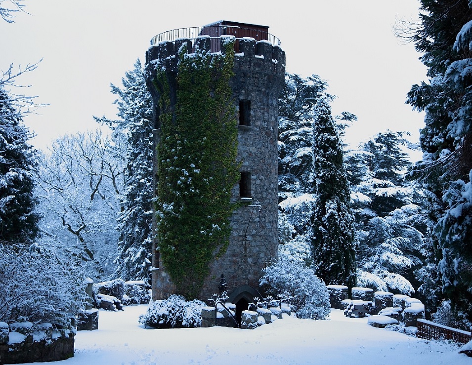 Winter scene of the Tower Garden at Powerscourt Estate, House & Gardens.